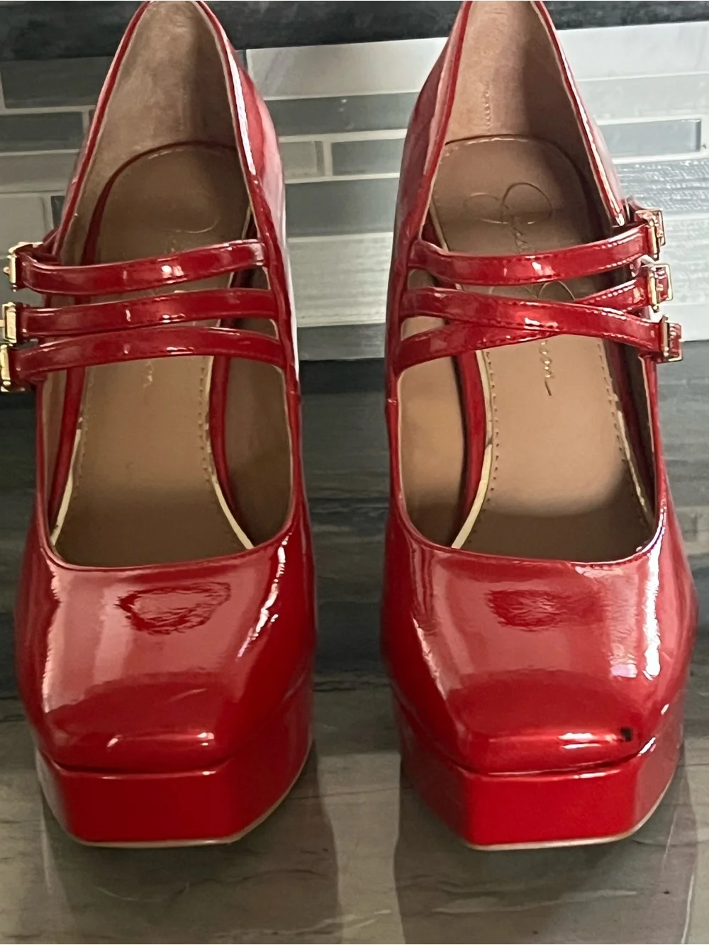 Jessica Simpson Red Patent Triple-Strap Platform Heels